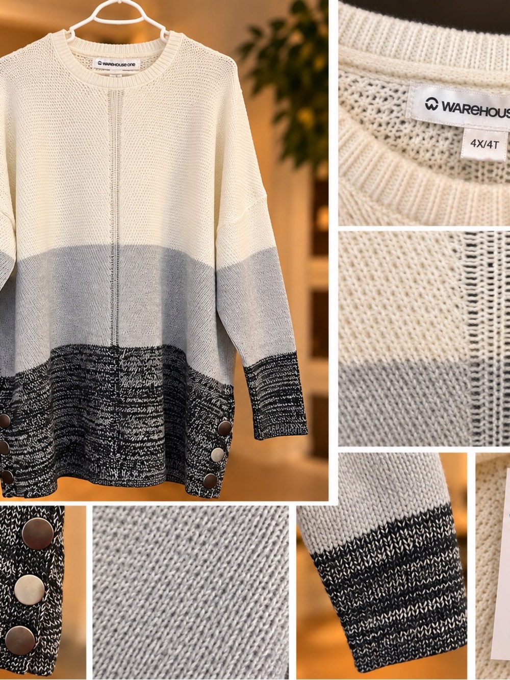 Warehouse Cream, Light Gray & Black Colorblock Crewneck Sweater